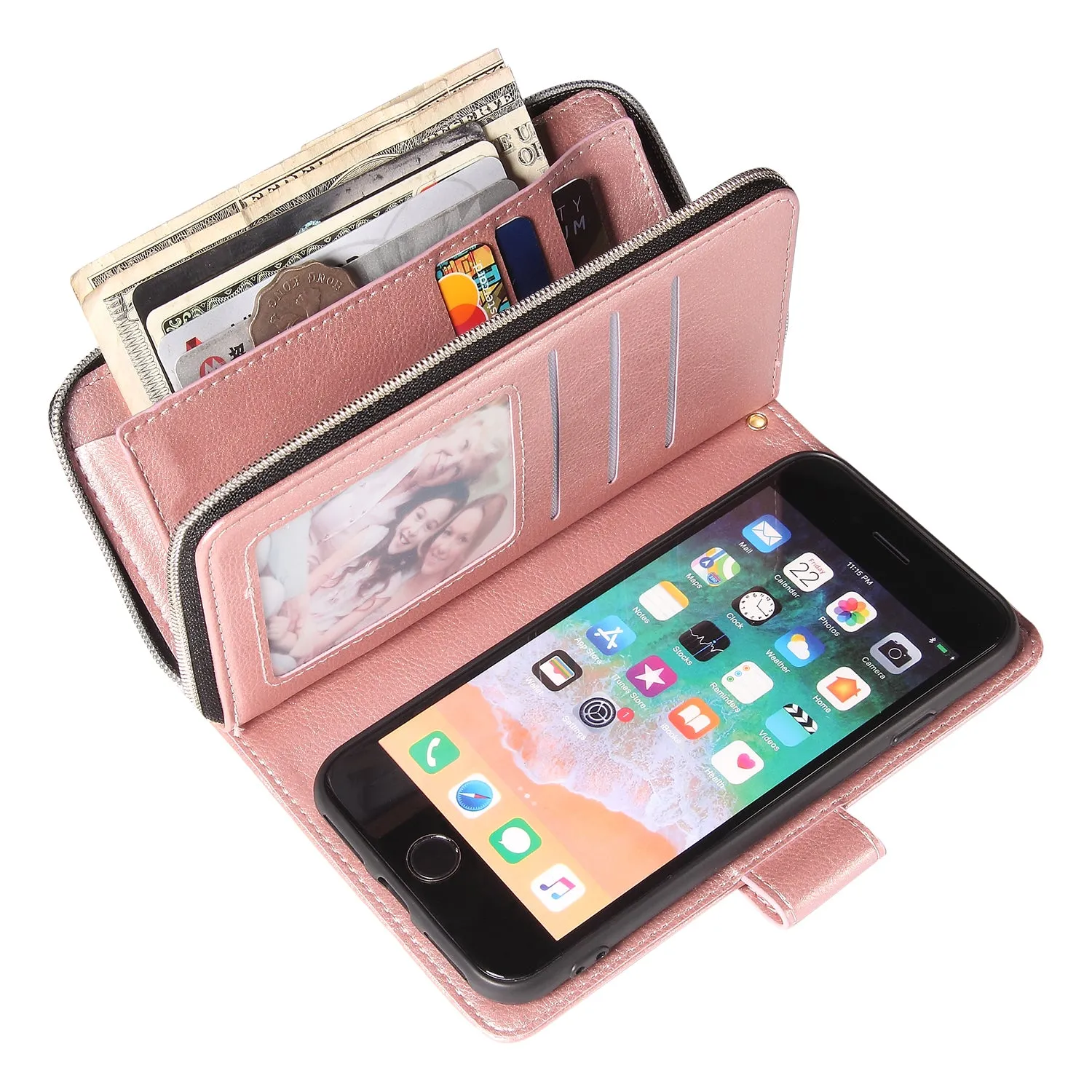 For Iphone 6/6s/6 Plus/6s Plus/7 Plus/8 Plus Pu Leather  Mobile Phone Cover Zipper Card Bag   Wrist Strap Rose gold