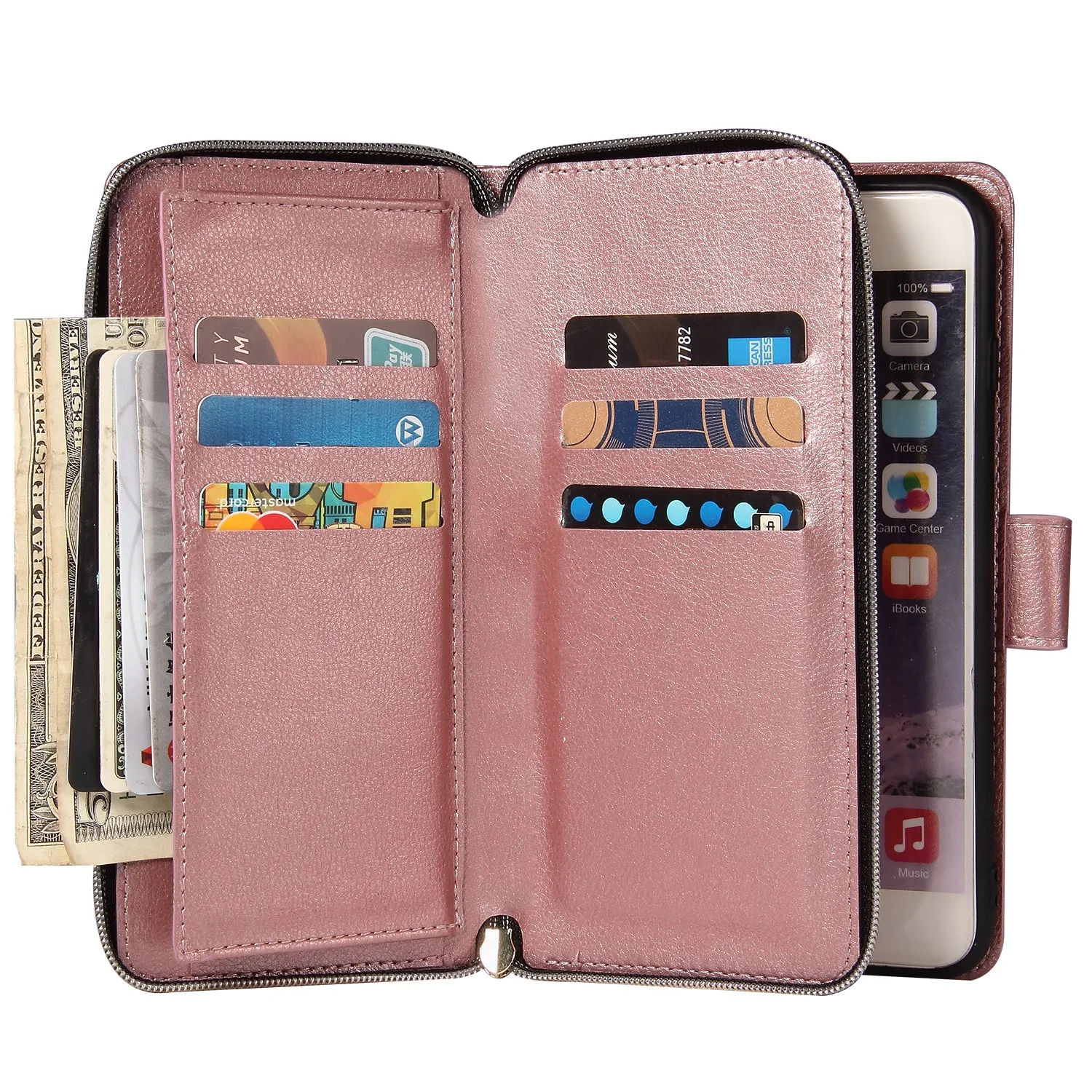 For Iphone 6/6s/6 Plus/6s Plus/7 Plus/8 Plus Pu Leather  Mobile Phone Cover Zipper Card Bag   Wrist Strap Rose gold