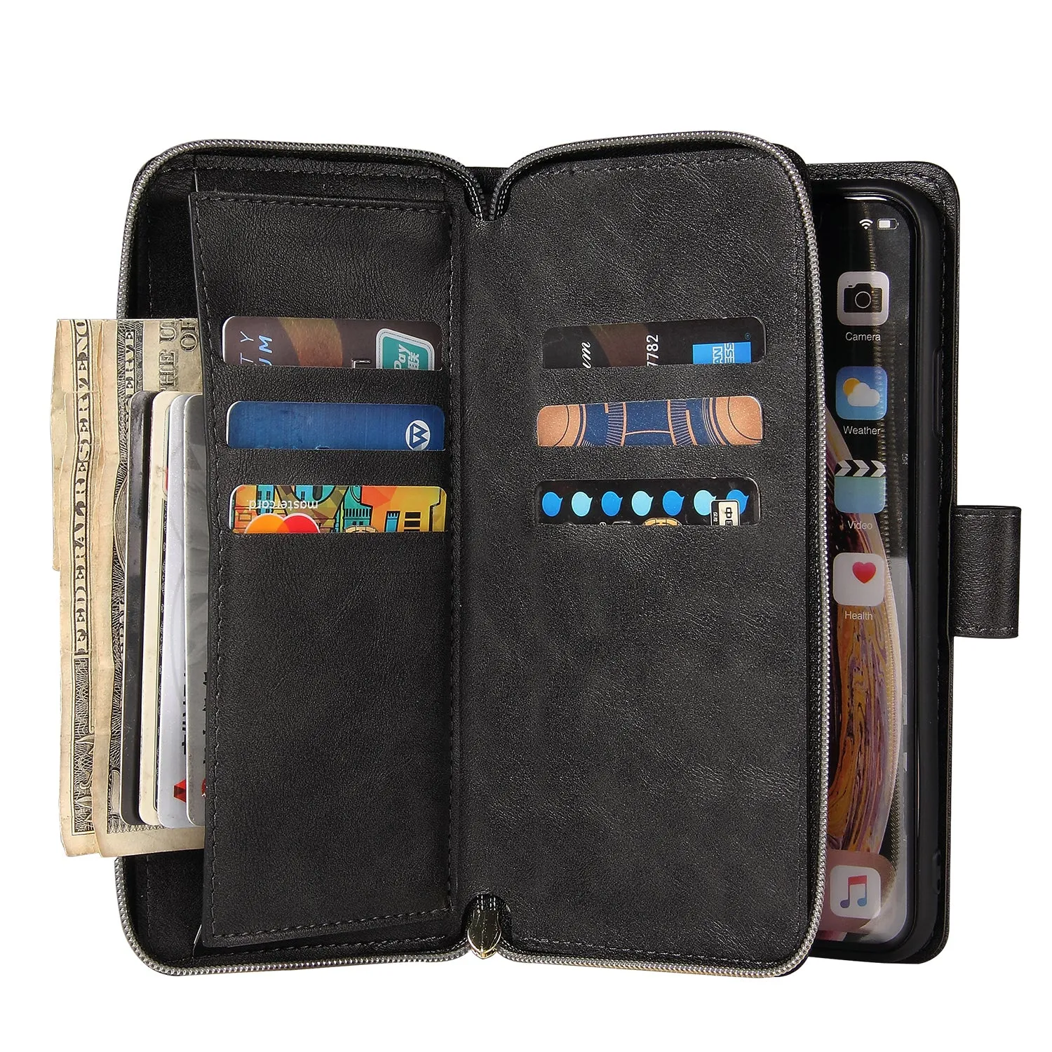 For iphone X/XS/XS MAX/11/11Pro Pu Leather  Mobile Phone Cover Zipper Card Bag   Wrist Strap black