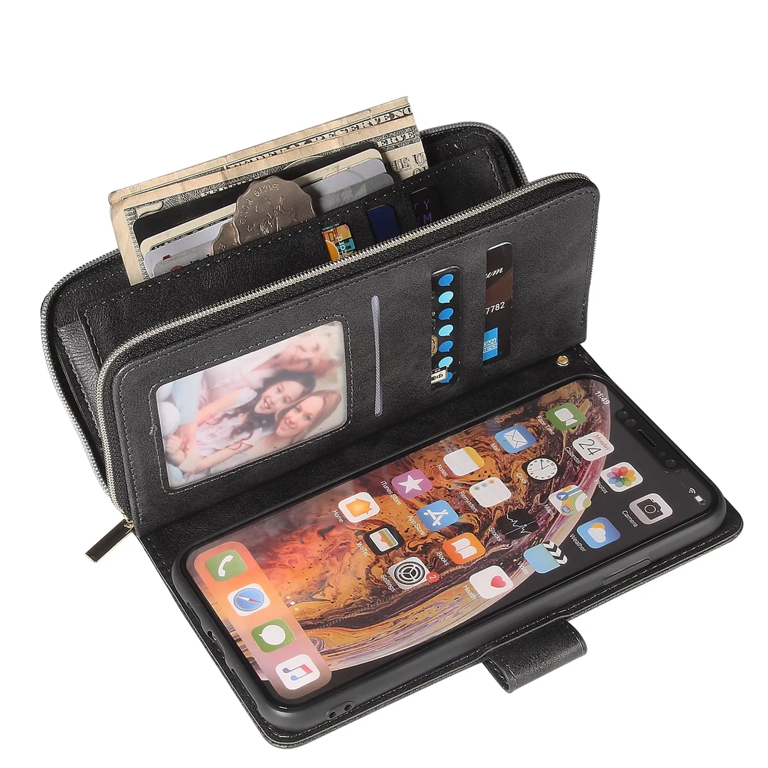 For iphone X/XS/XS MAX/11/11Pro Pu Leather  Mobile Phone Cover Zipper Card Bag   Wrist Strap black