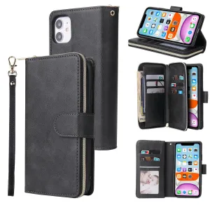 For iphone X/XS/XS MAX/11/11Pro Pu Leather  Mobile Phone Cover Zipper Card Bag   Wrist Strap black