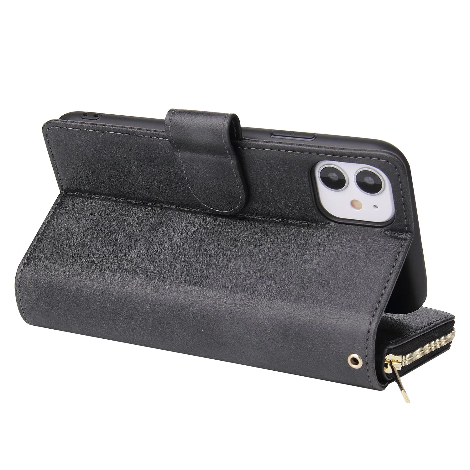 For iphone X/XS/XS MAX/11/11Pro Pu Leather  Mobile Phone Cover Zipper Card Bag   Wrist Strap black