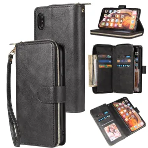 For iphone X/XS/XS MAX/11/11Pro Pu Leather  Mobile Phone Cover Zipper Card Bag   Wrist Strap black