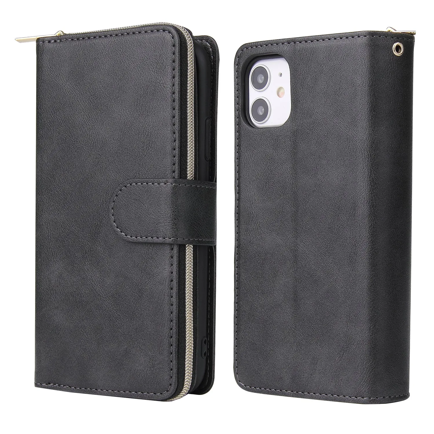 For iphone X/XS/XS MAX/11/11Pro Pu Leather  Mobile Phone Cover Zipper Card Bag   Wrist Strap black