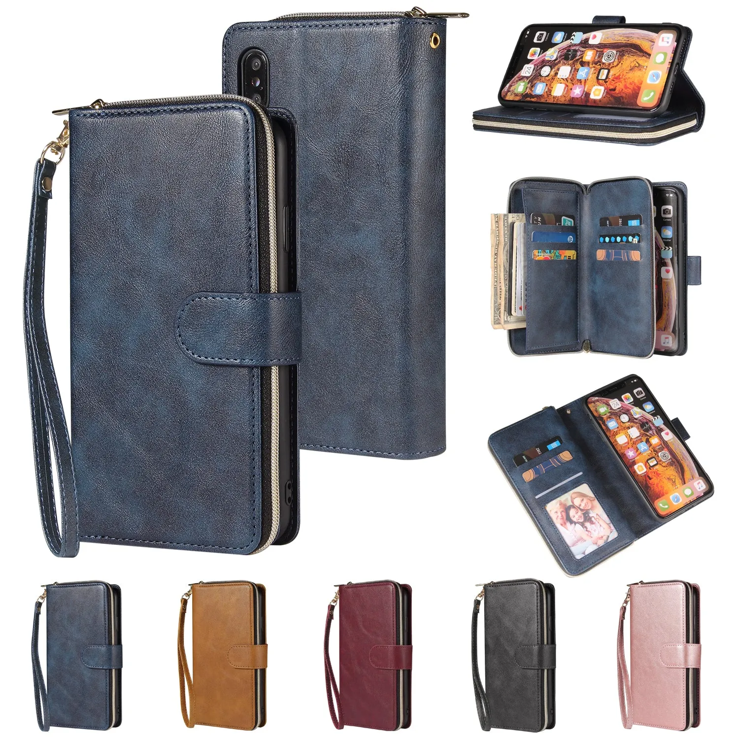For iphone X/XS/XS MAX/11/11Pro Pu Leather  Mobile Phone Cover Zipper Card Bag   Wrist Strap black