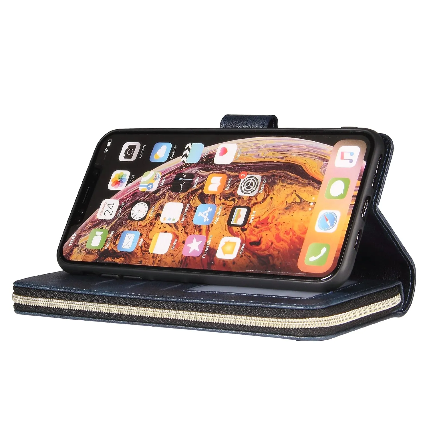 For iphone X/XS/XS MAX/11/11Pro Pu Leather  Mobile Phone Cover Zipper Card Bag   Wrist Strap black