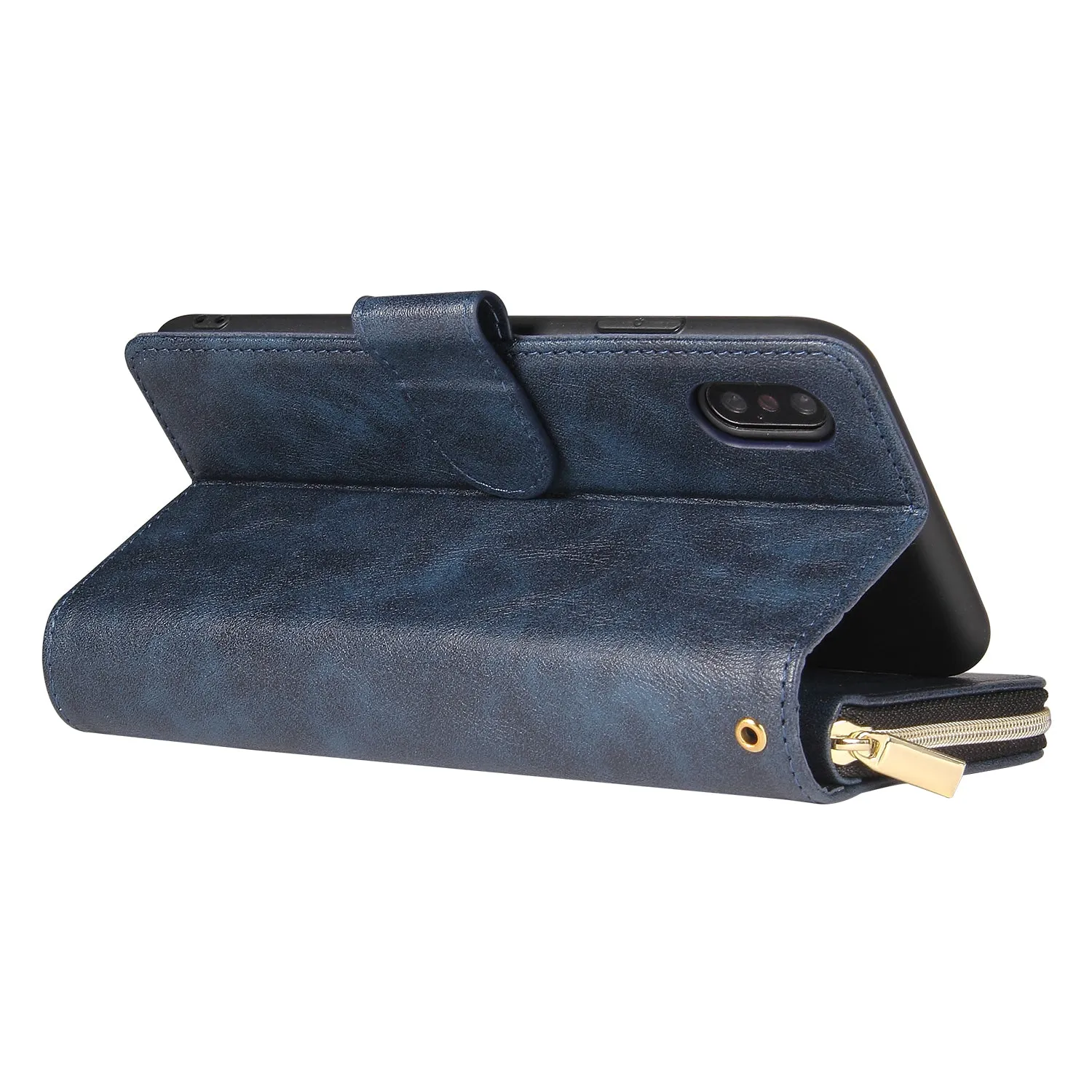 For iphone X/XS/XS MAX/11/11Pro Pu Leather  Mobile Phone Cover Zipper Card Bag   Wrist Strap black