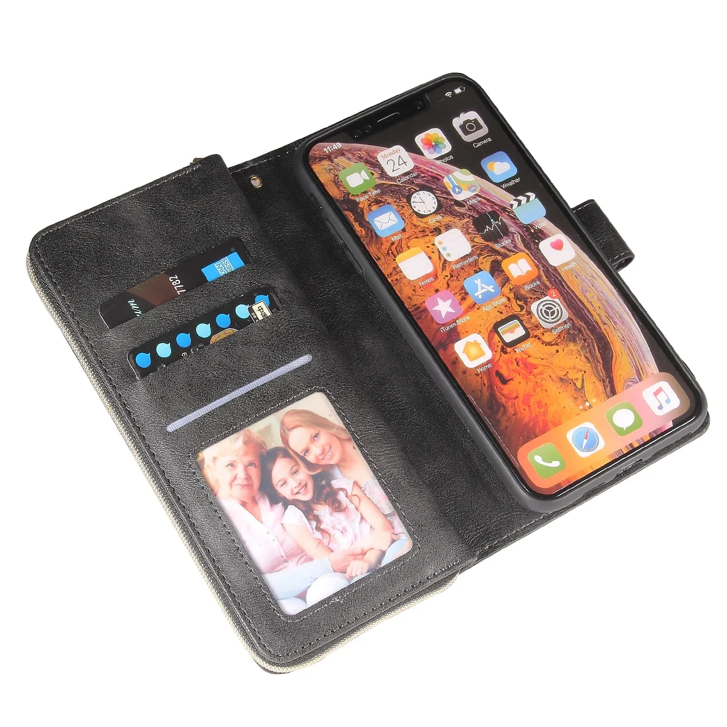 For iphone X/XS/XS MAX/11/11Pro Pu Leather  Mobile Phone Cover Zipper Card Bag   Wrist Strap black