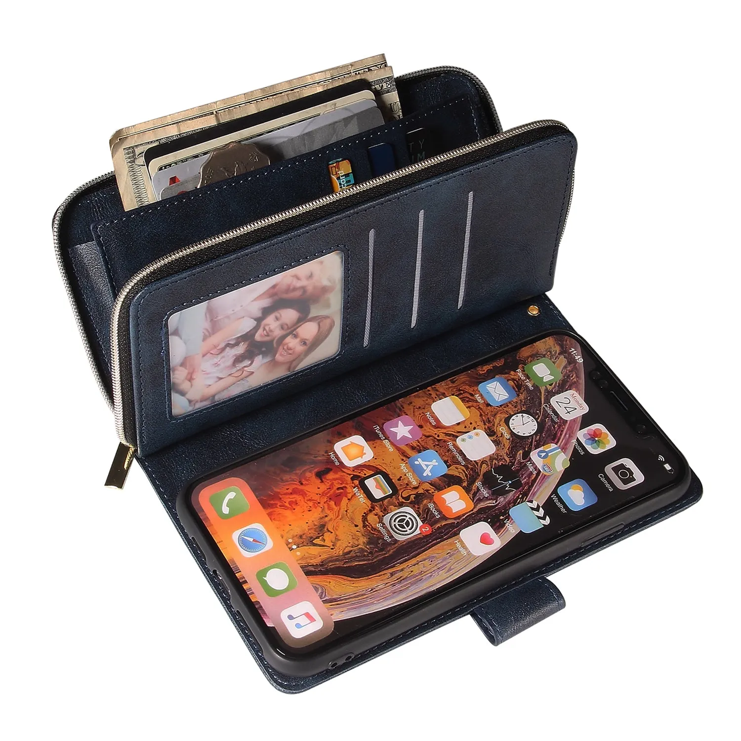 For iphone X/XS/XS MAX/11/11Pro Pu Leather  Mobile Phone Cover Zipper Card Bag   Wrist Strap black