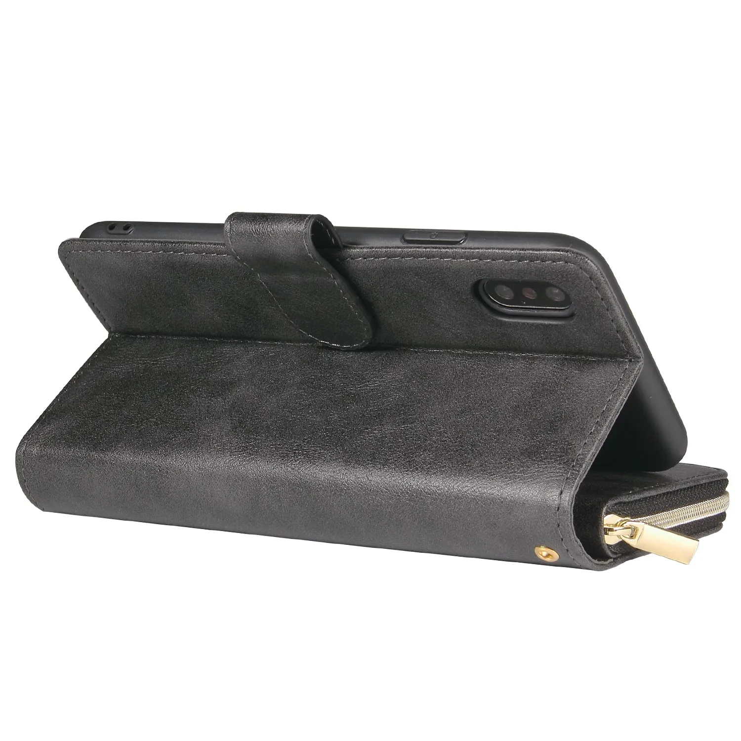 For iphone X/XS/XS MAX/11/11Pro Pu Leather  Mobile Phone Cover Zipper Card Bag   Wrist Strap black