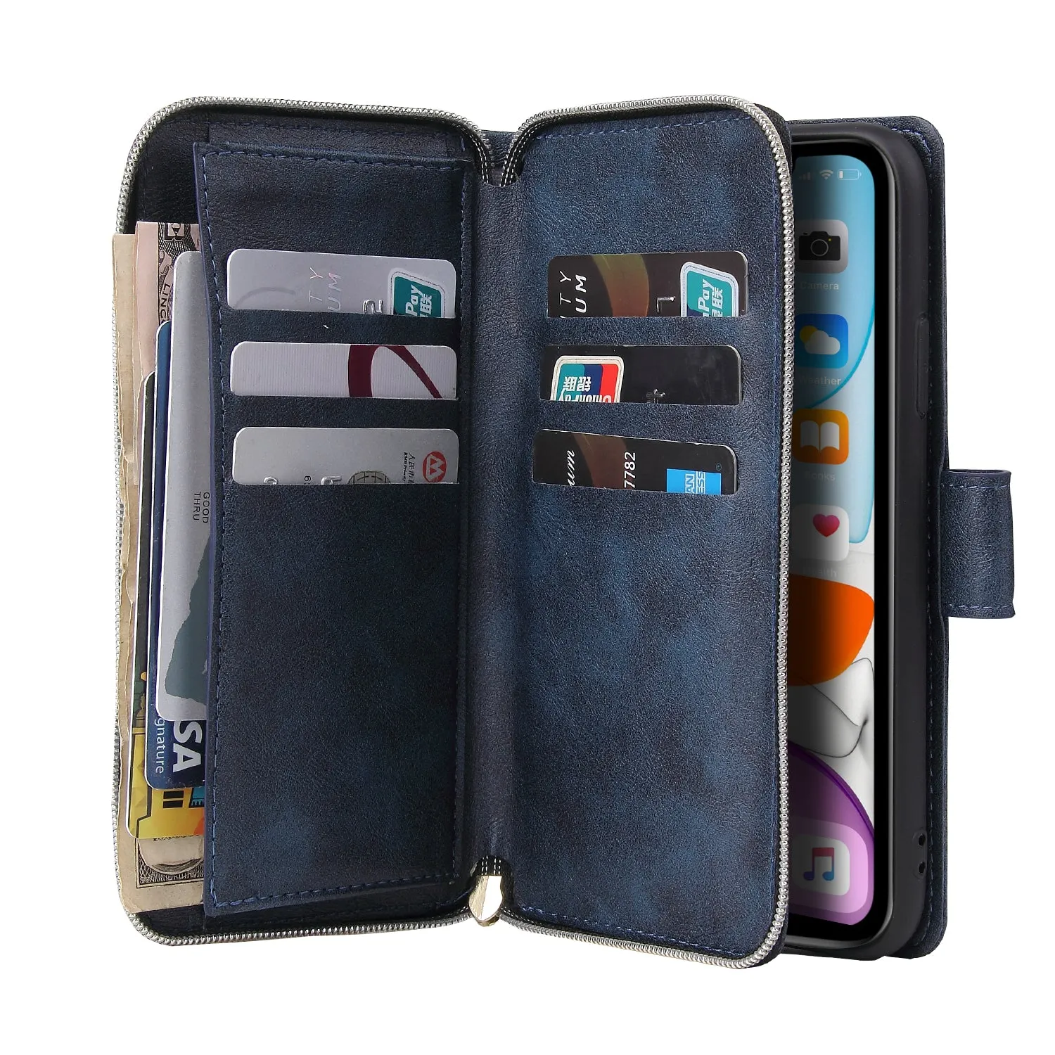 For iphone X/XS/XS MAX/11/11Pro Pu Leather  Mobile Phone Cover Zipper Card Bag   Wrist Strap blue