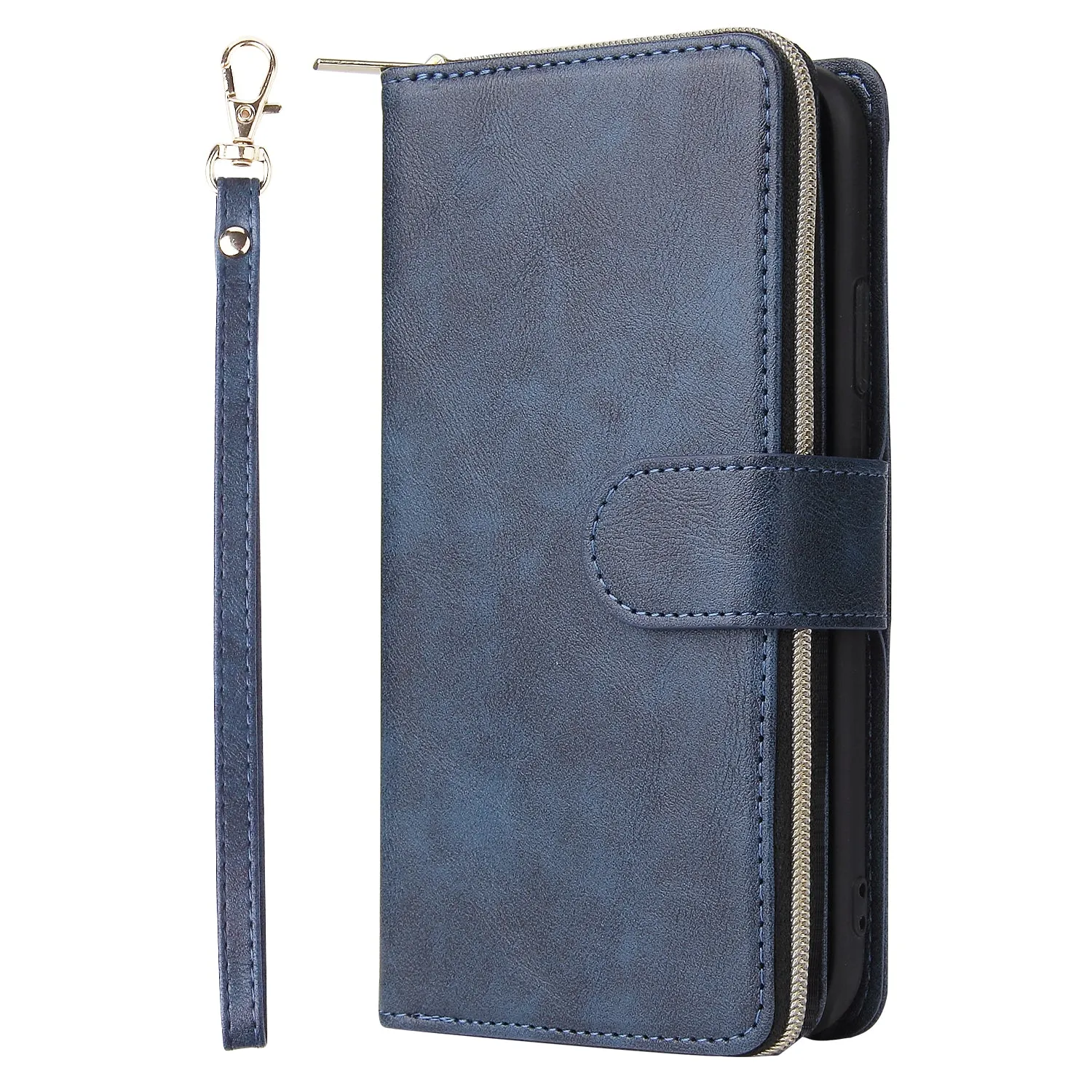 For iphone X/XS/XS MAX/11/11Pro Pu Leather  Mobile Phone Cover Zipper Card Bag   Wrist Strap blue