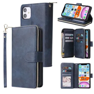 For iphone X/XS/XS MAX/11/11Pro Pu Leather  Mobile Phone Cover Zipper Card Bag   Wrist Strap blue