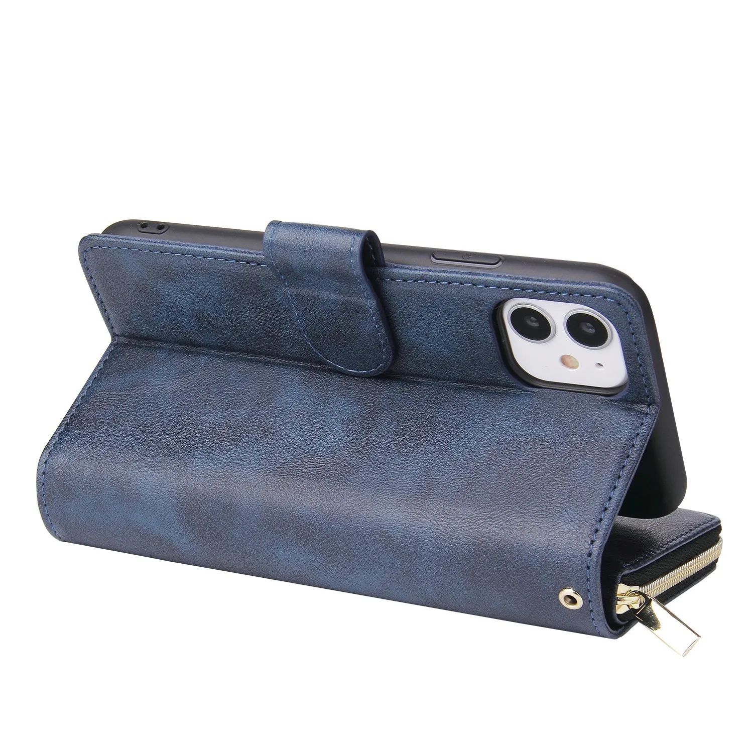 For iphone X/XS/XS MAX/11/11Pro Pu Leather  Mobile Phone Cover Zipper Card Bag   Wrist Strap blue