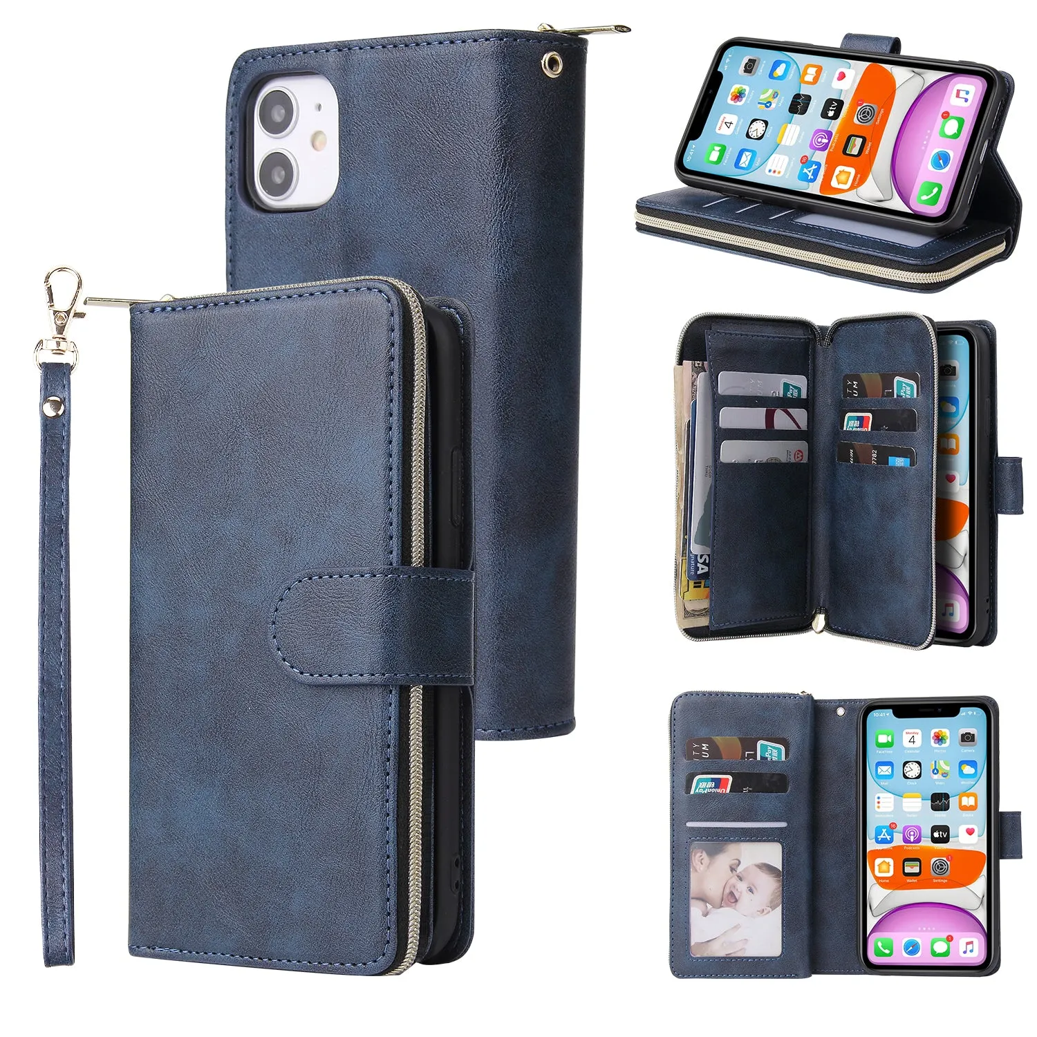 For iphone X/XS/XS MAX/11/11Pro Pu Leather  Mobile Phone Cover Zipper Card Bag   Wrist Strap blue