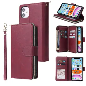For iphone X/XS/XS MAX/11/11Pro Pu Leather  Mobile Phone Cover Zipper Card Bag   Wrist Strap Red wine