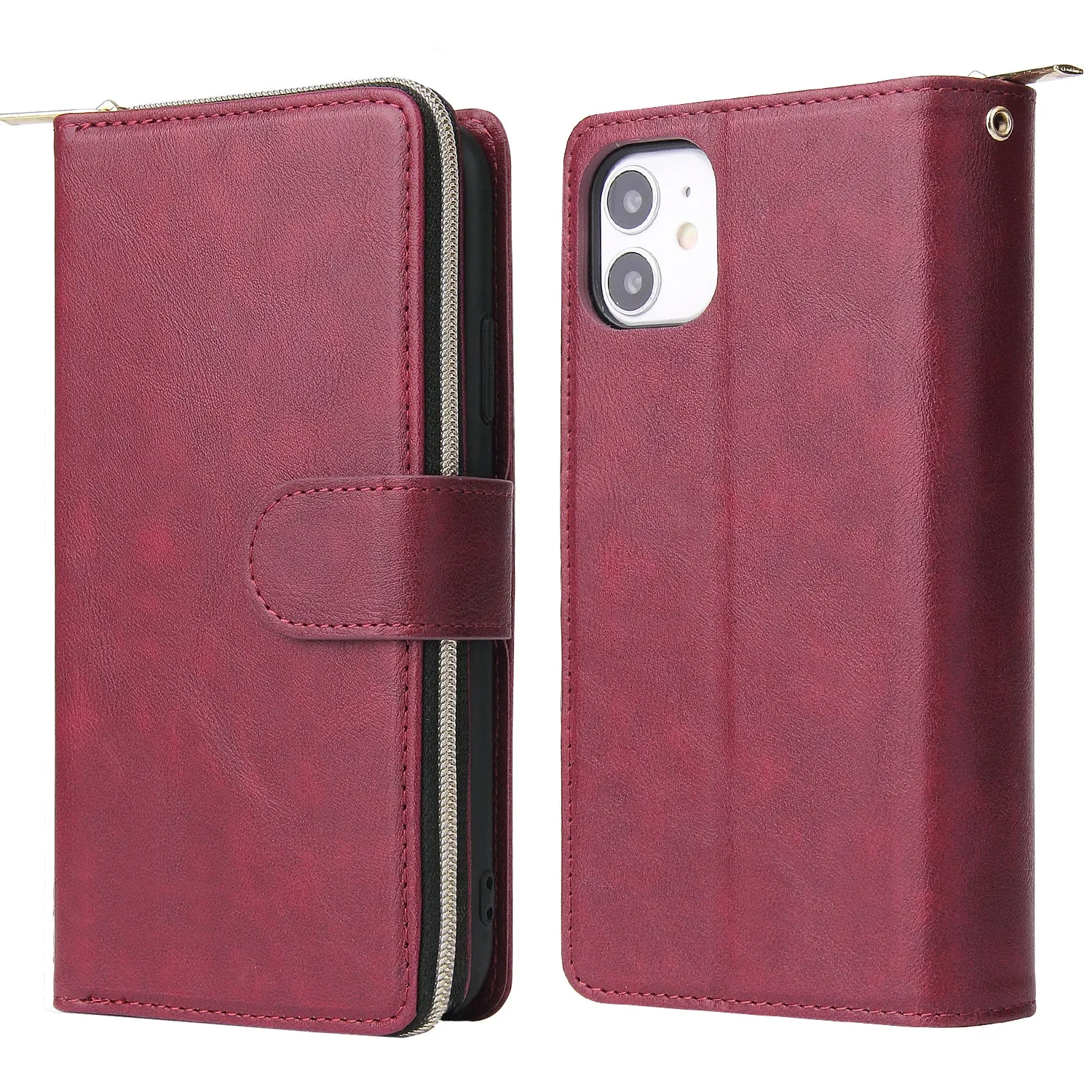 For iphone X/XS/XS MAX/11/11Pro Pu Leather  Mobile Phone Cover Zipper Card Bag   Wrist Strap Red wine