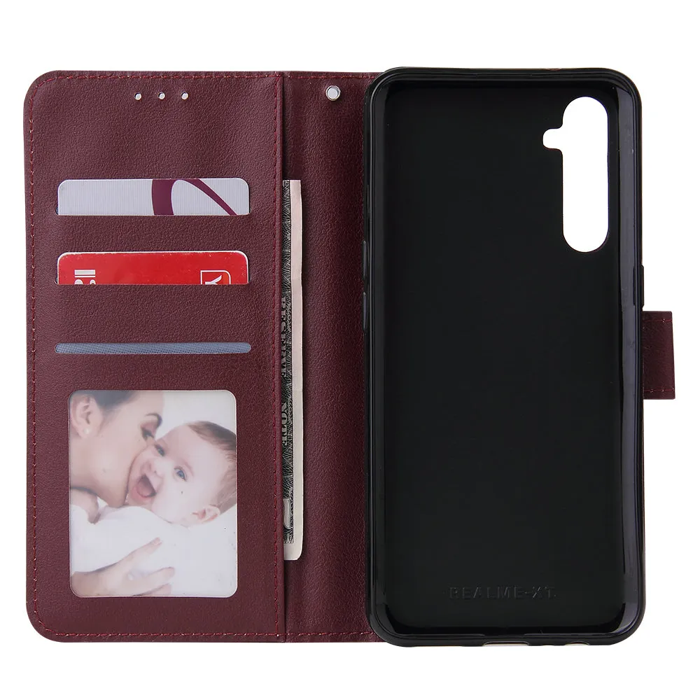 For OPPO A8 / A31/Realme XT / X2 Mobile Phone Case PU Buckle Closure Wallet Design Cards Slots All-round Protection Phone Cover  Red wine
