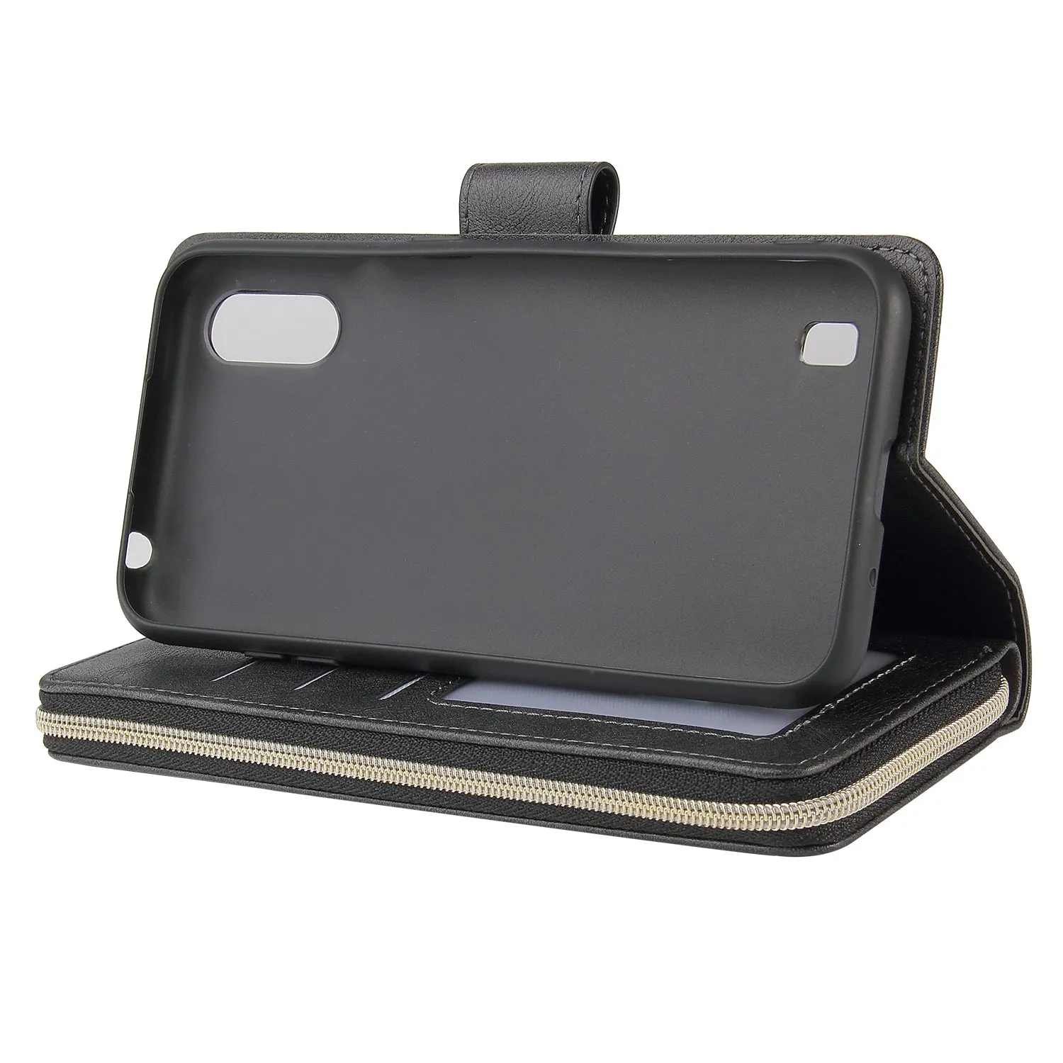 For Samsung A01/A21/A31/A41/A51 Pu Leather  Mobile Phone Cover Zipper Card Bag   Wrist Strap black