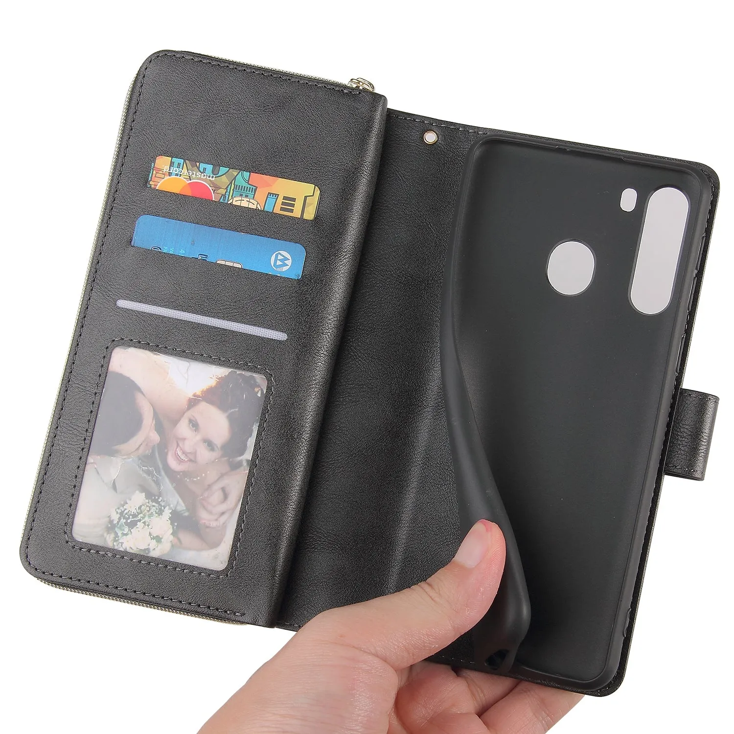 For Samsung A01/A21/A31/A41/A51 Pu Leather  Mobile Phone Cover Zipper Card Bag   Wrist Strap black