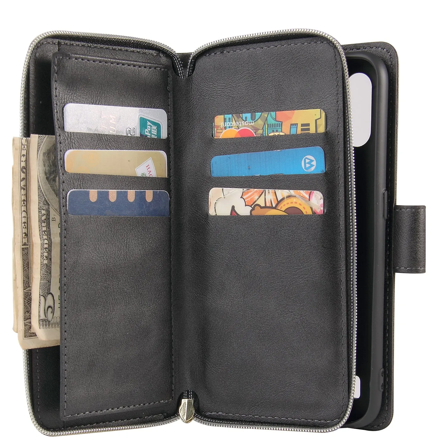 For Samsung A01/A21/A31/A41/A51 Pu Leather  Mobile Phone Cover Zipper Card Bag   Wrist Strap black