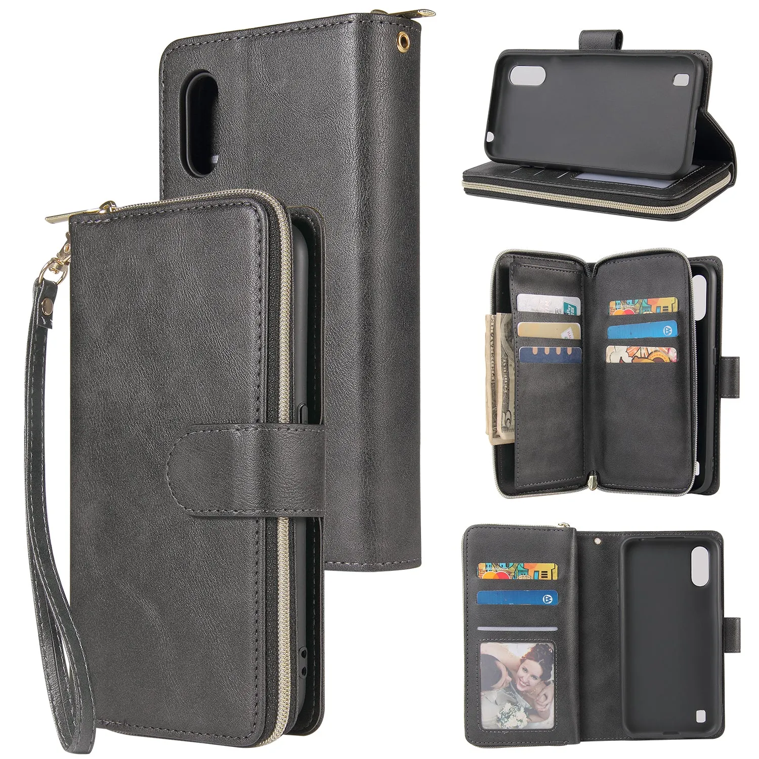 For Samsung A01/A21/A31/A41/A51 Pu Leather  Mobile Phone Cover Zipper Card Bag   Wrist Strap black
