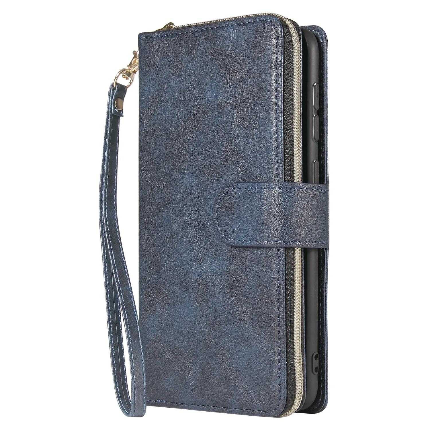 For Samsung A10/A20/A30/A50/A30S/A50S Pu Leather  Mobile Phone Cover Zipper Card Bag   Wrist Strap blue