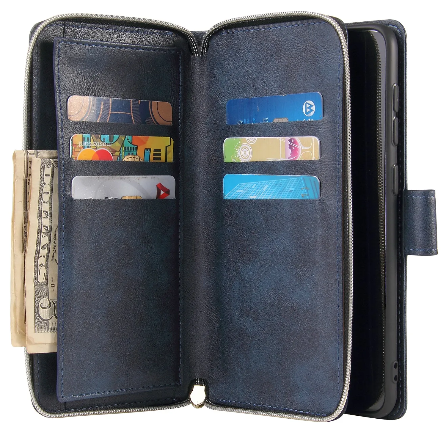 For Samsung A10/A20/A30/A50/A30S/A50S Pu Leather  Mobile Phone Cover Zipper Card Bag   Wrist Strap blue