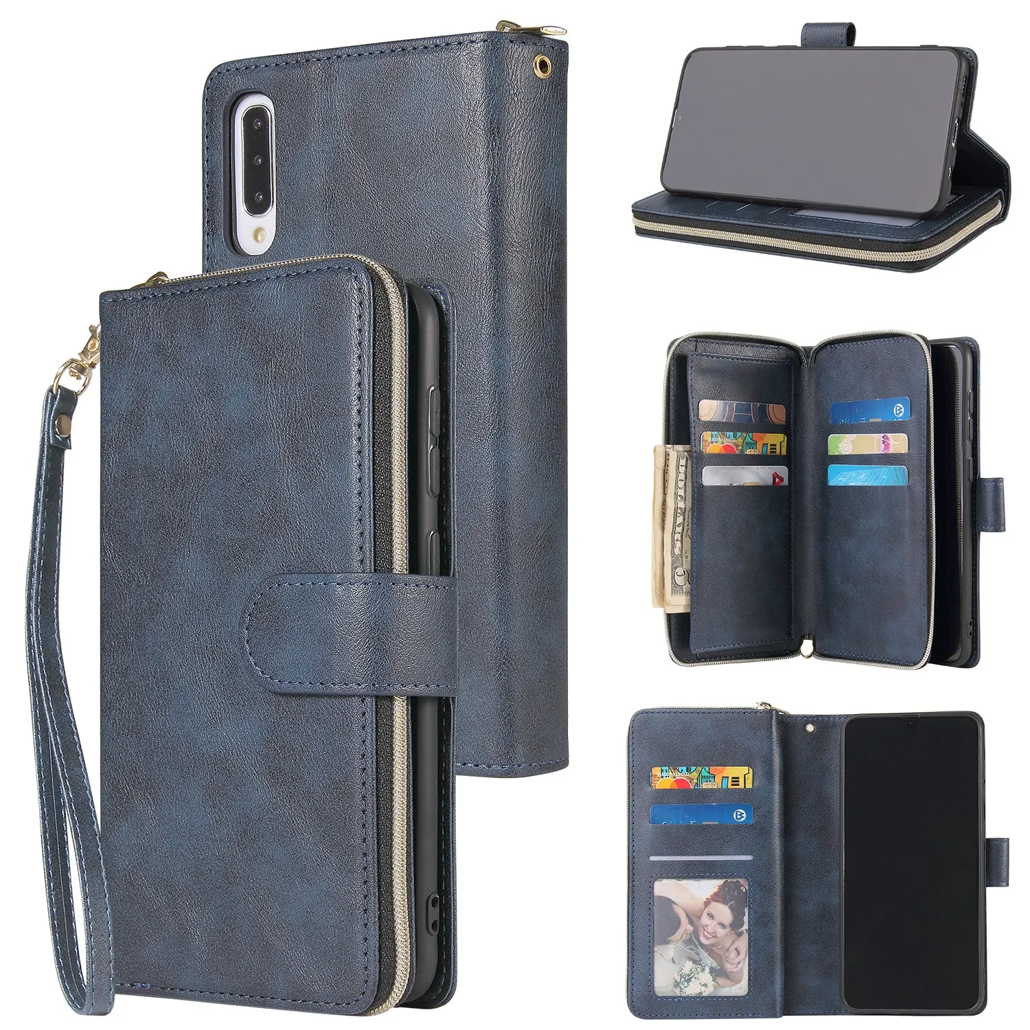 For Samsung A10/A20/A30/A50/A30S/A50S Pu Leather  Mobile Phone Cover Zipper Card Bag   Wrist Strap blue