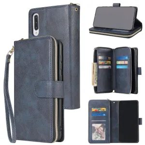 For Samsung A10/A20/A30/A50/A30S/A50S Pu Leather  Mobile Phone Cover Zipper Card Bag   Wrist Strap blue