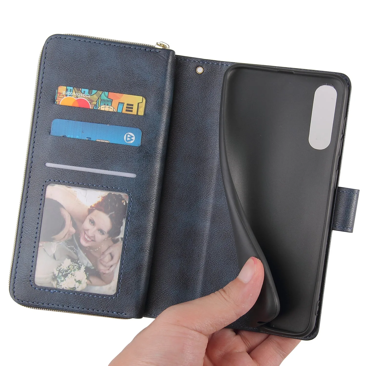 For Samsung A10/A20/A30/A50/A30S/A50S Pu Leather  Mobile Phone Cover Zipper Card Bag   Wrist Strap blue