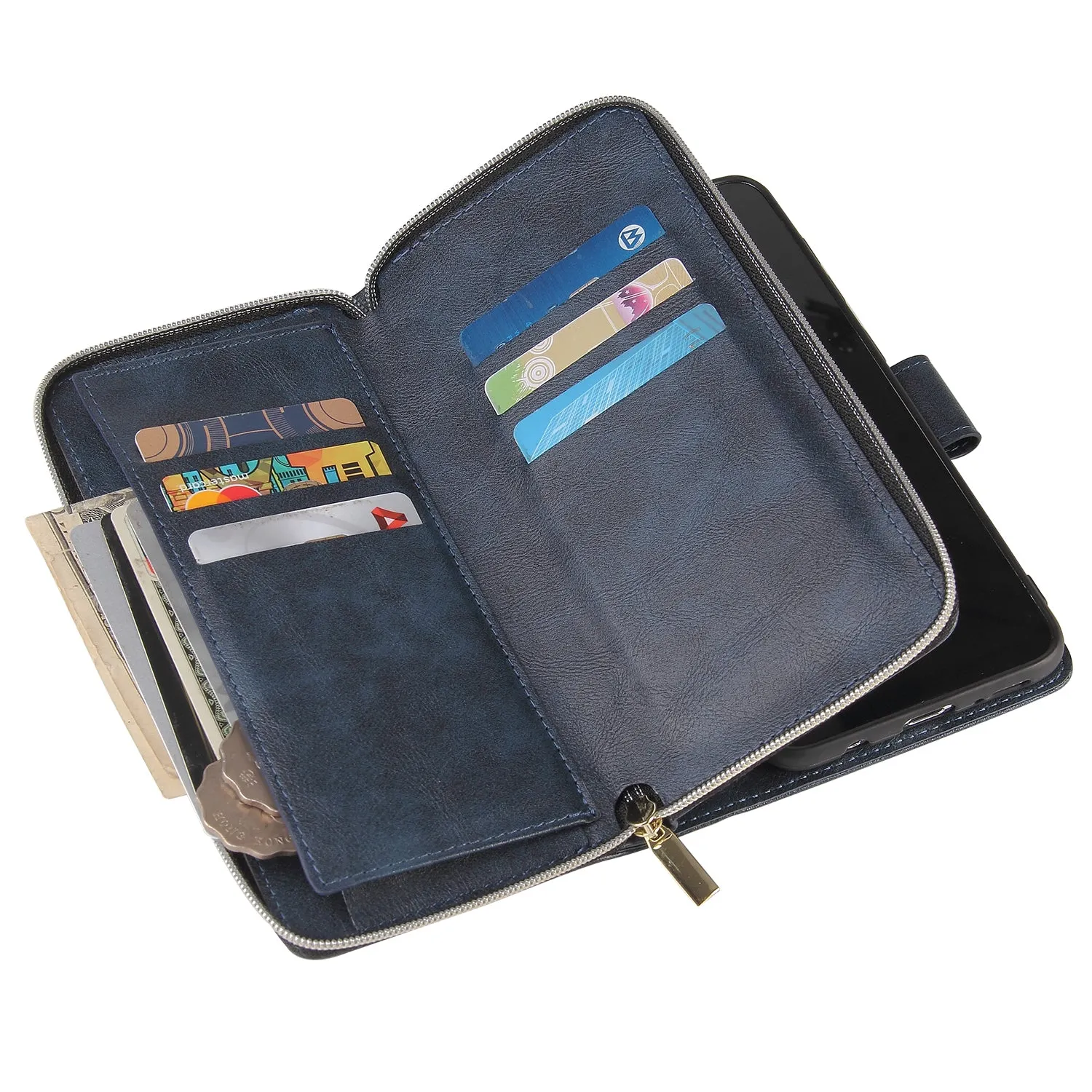 For Samsung A10/A20/A30/A50/A30S/A50S Pu Leather  Mobile Phone Cover Zipper Card Bag   Wrist Strap blue