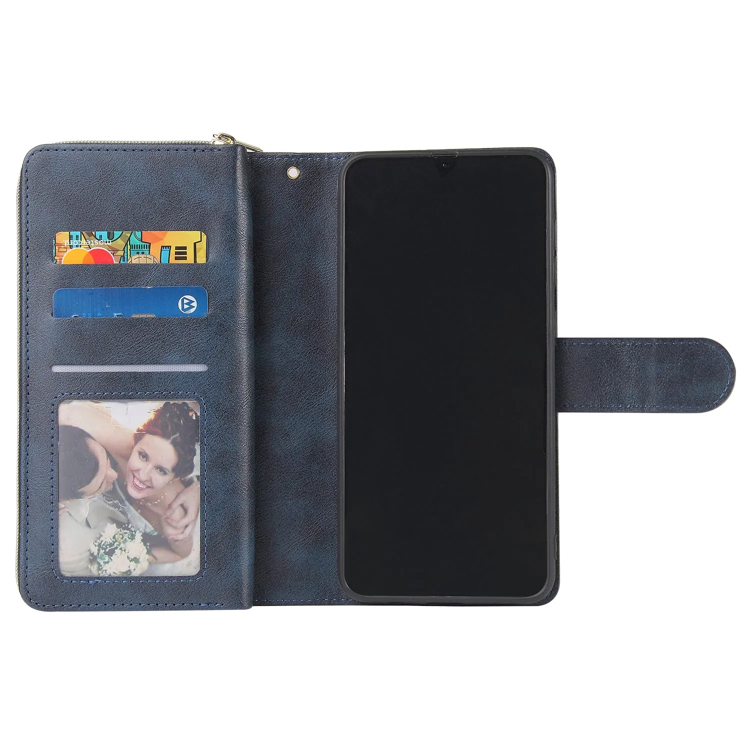 For Samsung A10/A20/A30/A50/A30S/A50S Pu Leather  Mobile Phone Cover Zipper Card Bag   Wrist Strap blue