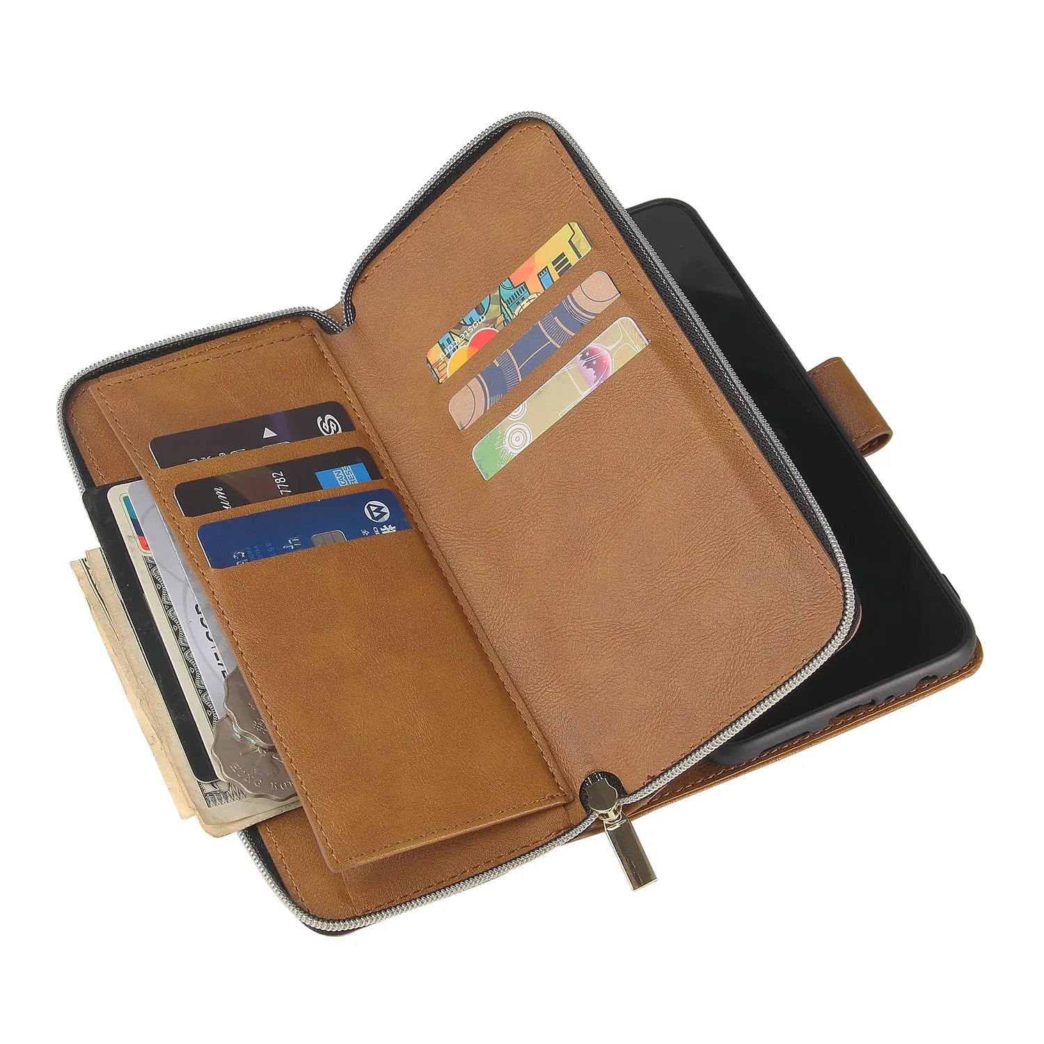 For Samsung A10/A20/A30/A50/A30S/A50S Pu Leather  Mobile Phone Cover Zipper Card Bag   Wrist Strap brown