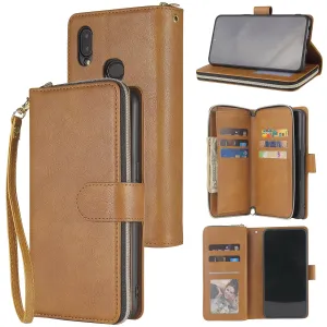 For Samsung A10/A20/A30/A50/A30S/A50S Pu Leather  Mobile Phone Cover Zipper Card Bag   Wrist Strap brown