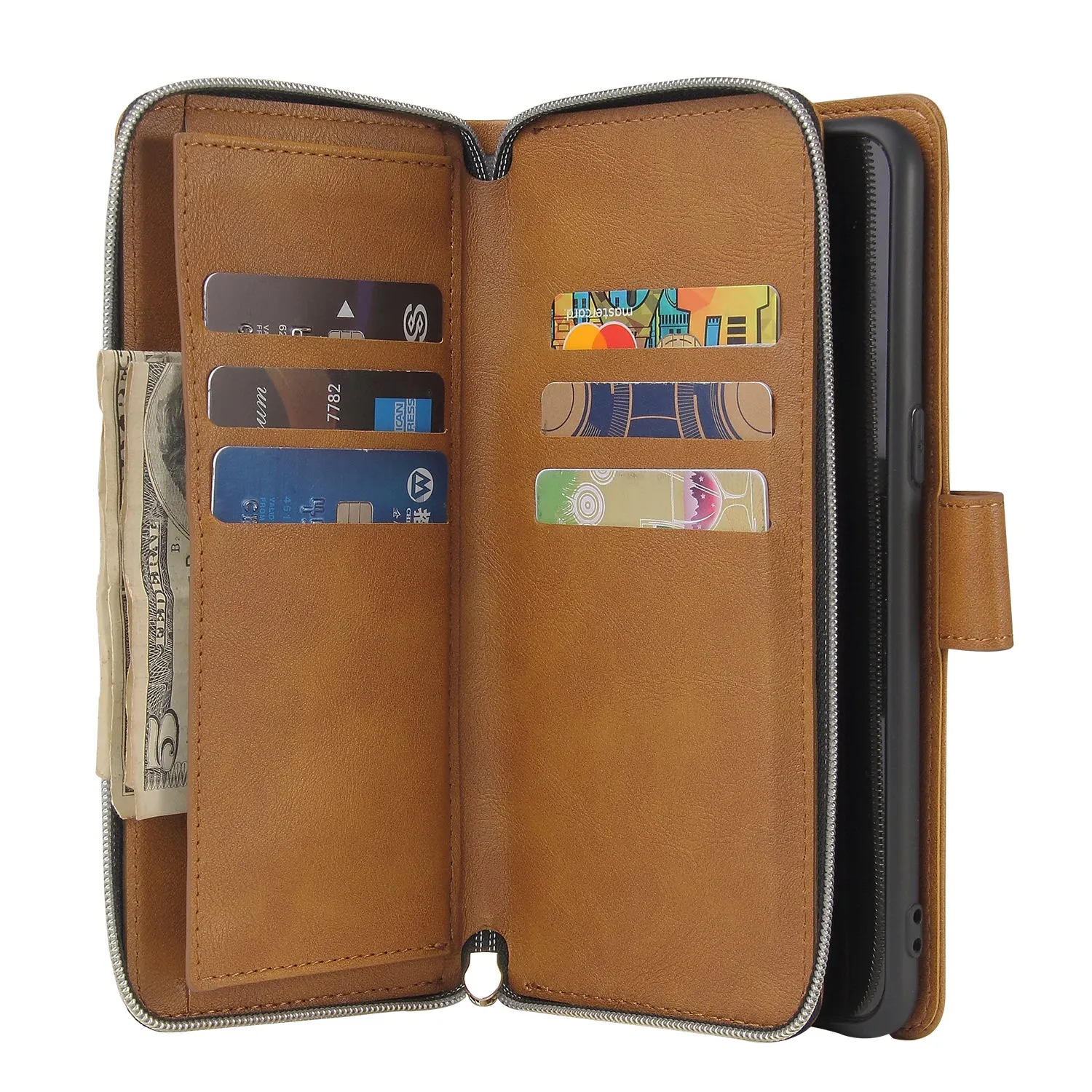 For Samsung A10/A20/A30/A50/A30S/A50S Pu Leather  Mobile Phone Cover Zipper Card Bag   Wrist Strap brown