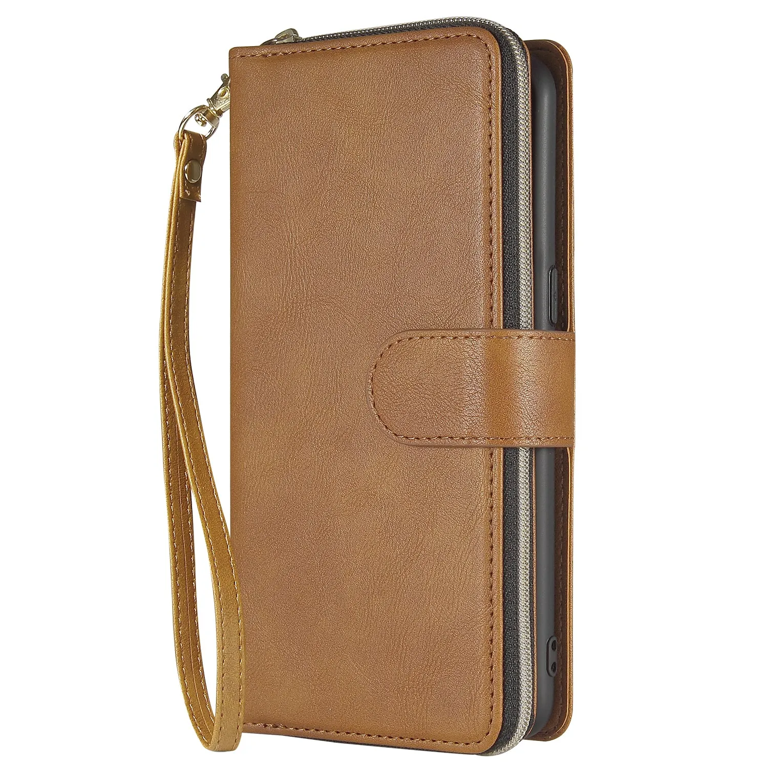 For Samsung A10/A20/A30/A50/A30S/A50S Pu Leather  Mobile Phone Cover Zipper Card Bag   Wrist Strap brown