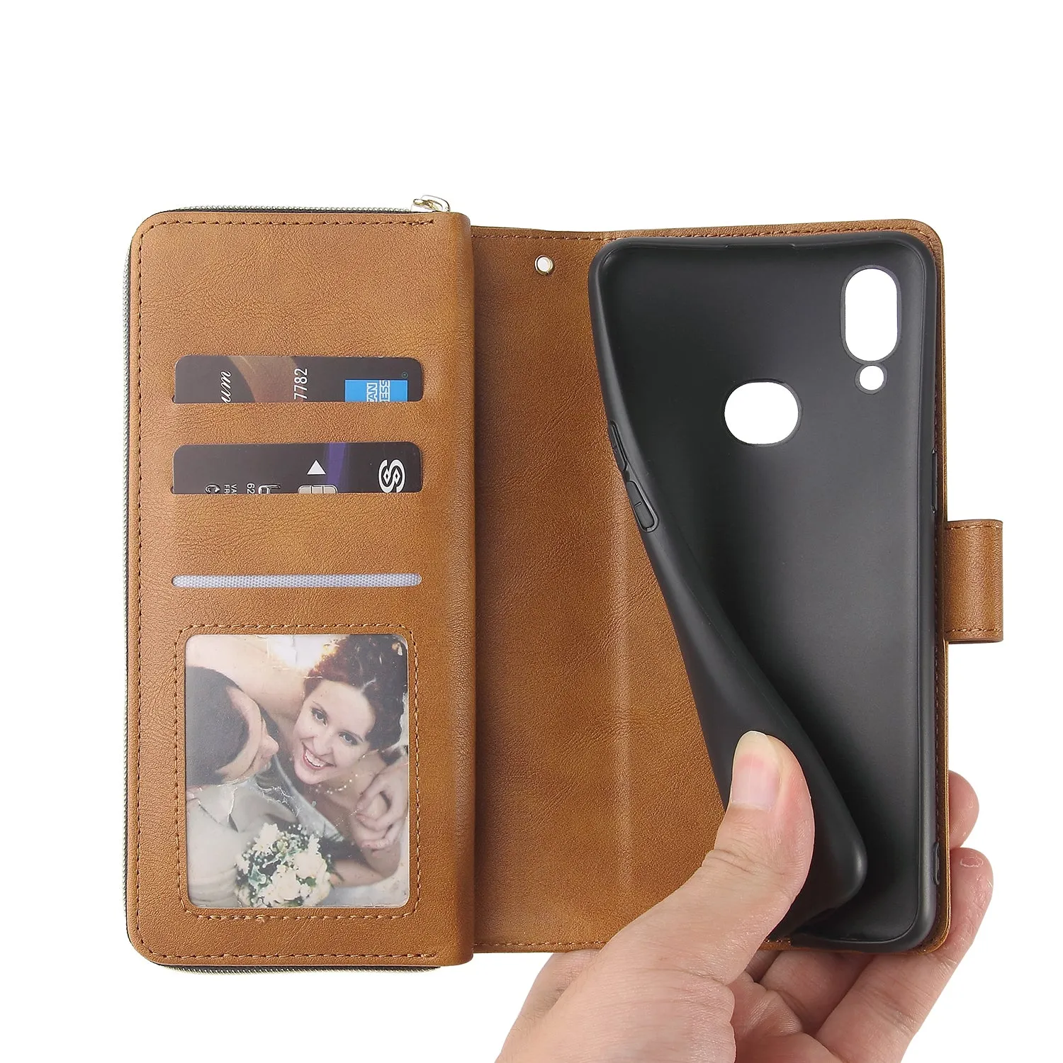 For Samsung A10/A20/A30/A50/A30S/A50S Pu Leather  Mobile Phone Cover Zipper Card Bag   Wrist Strap brown