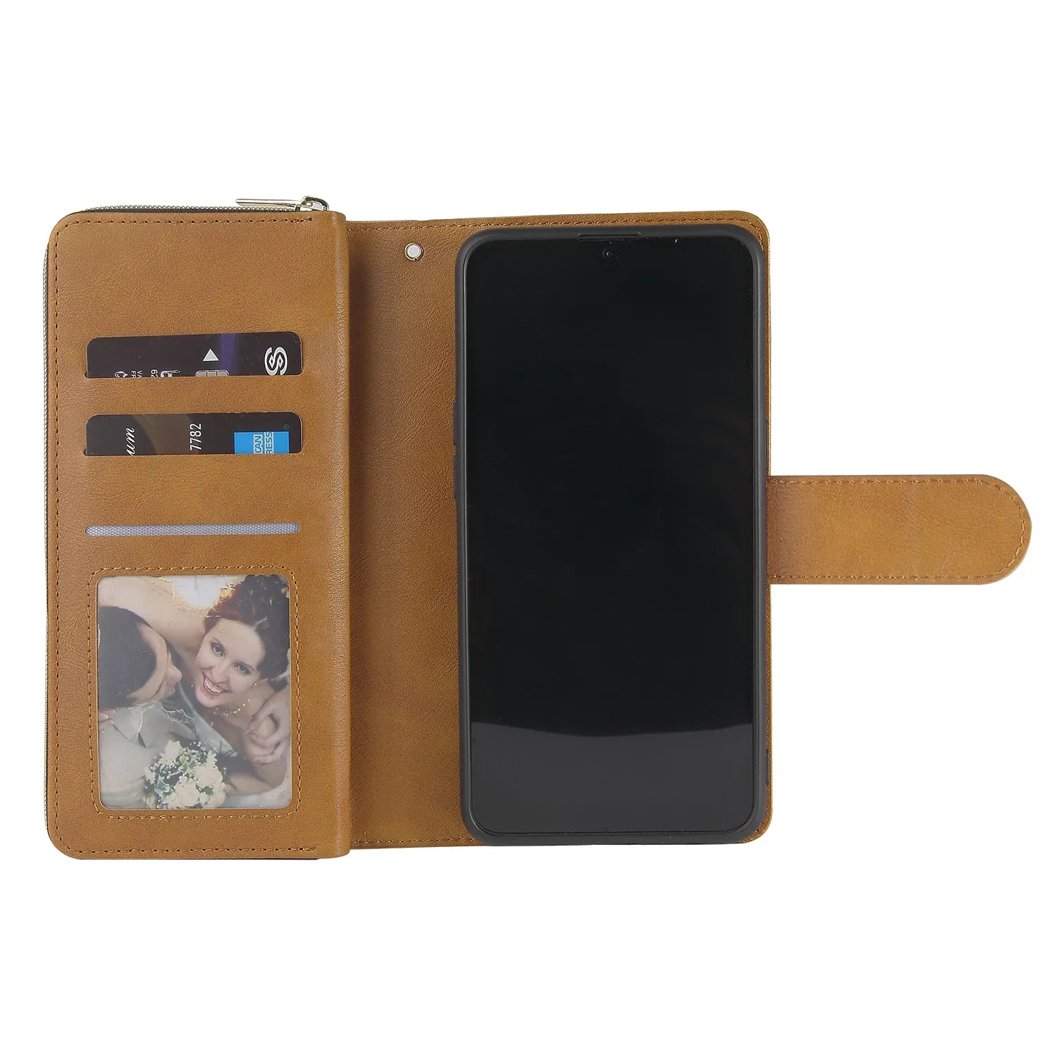 For Samsung A10/A20/A30/A50/A30S/A50S Pu Leather  Mobile Phone Cover Zipper Card Bag   Wrist Strap brown