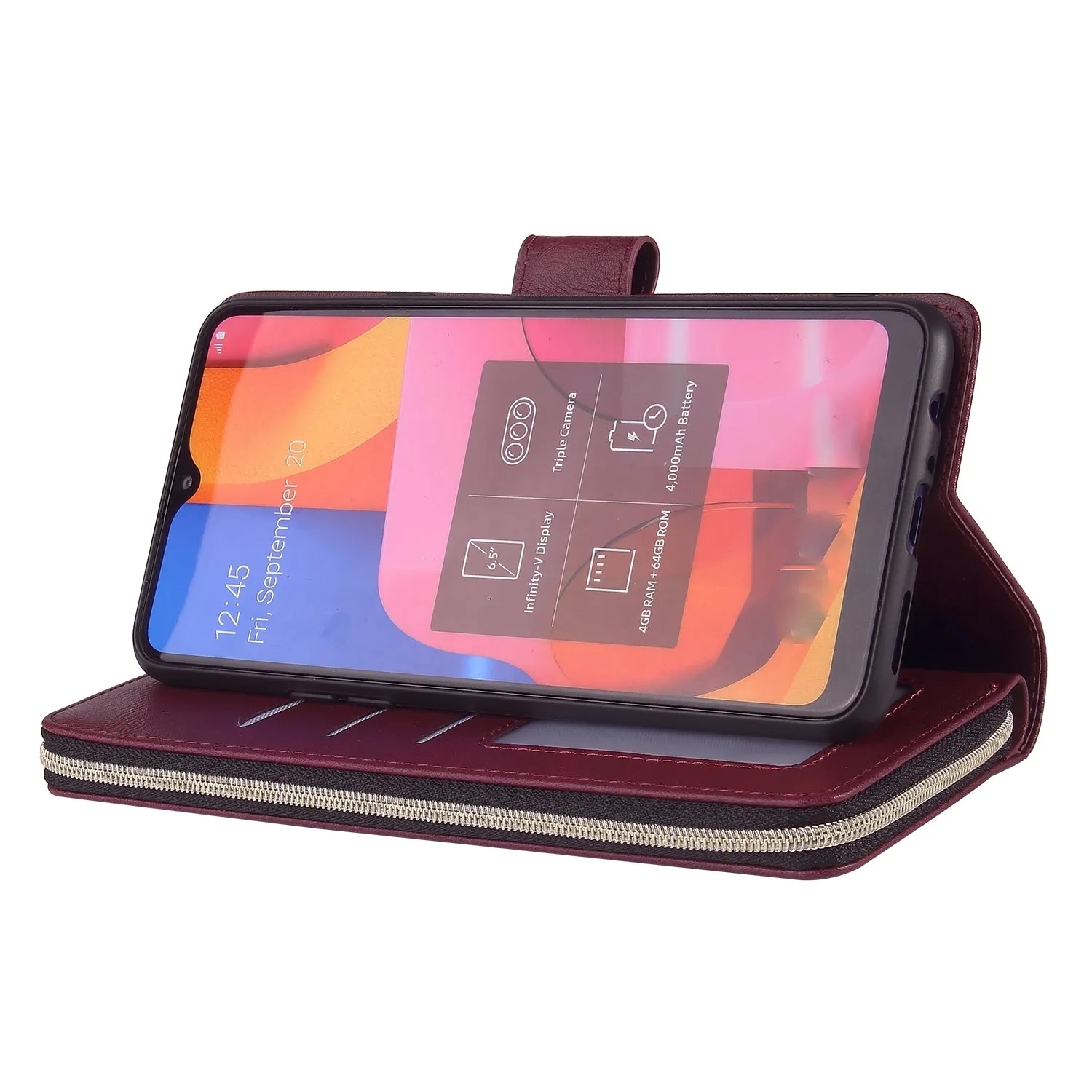 For Samsung A10/A20/A30/A50/A30S/A50S Pu Leather  Mobile Phone Cover Zipper Card Bag   Wrist Strap Red wine