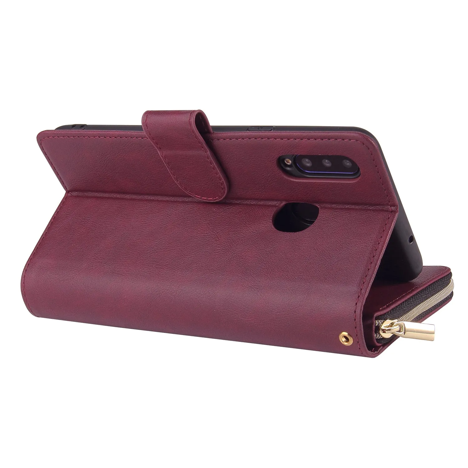 For Samsung A10/A20/A30/A50/A30S/A50S Pu Leather  Mobile Phone Cover Zipper Card Bag   Wrist Strap Red wine