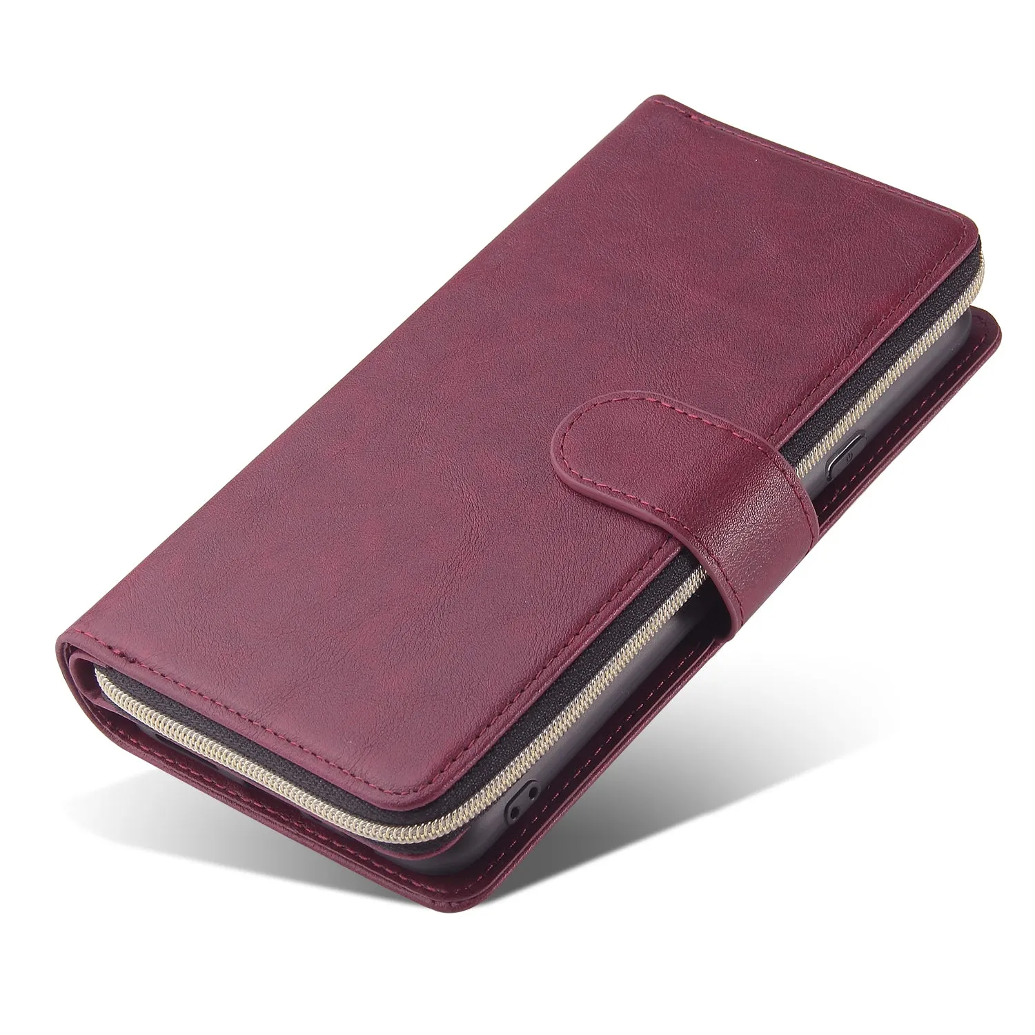 For Samsung A10/A20/A30/A50/A30S/A50S Pu Leather  Mobile Phone Cover Zipper Card Bag   Wrist Strap Red wine