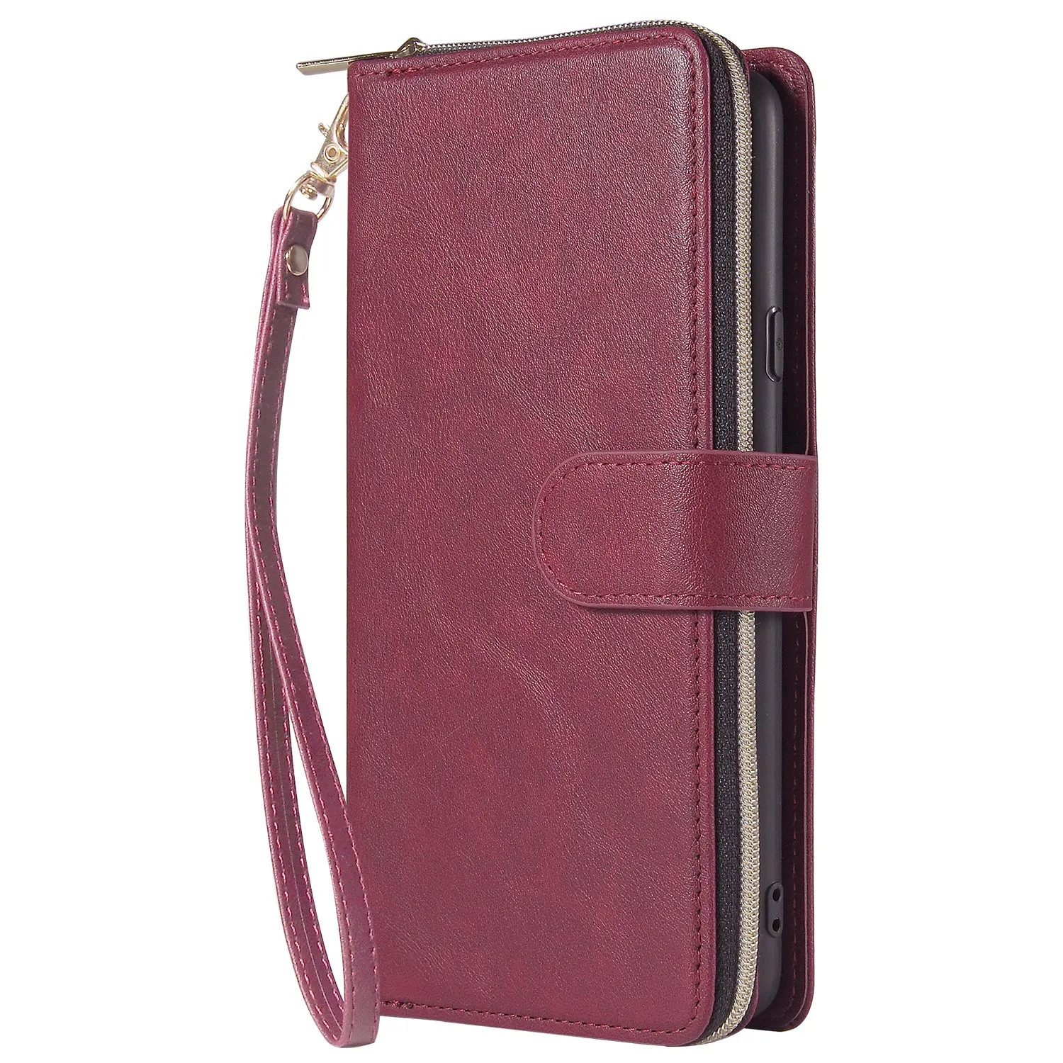 For Samsung A10/A20/A30/A50/A30S/A50S Pu Leather  Mobile Phone Cover Zipper Card Bag   Wrist Strap Red wine