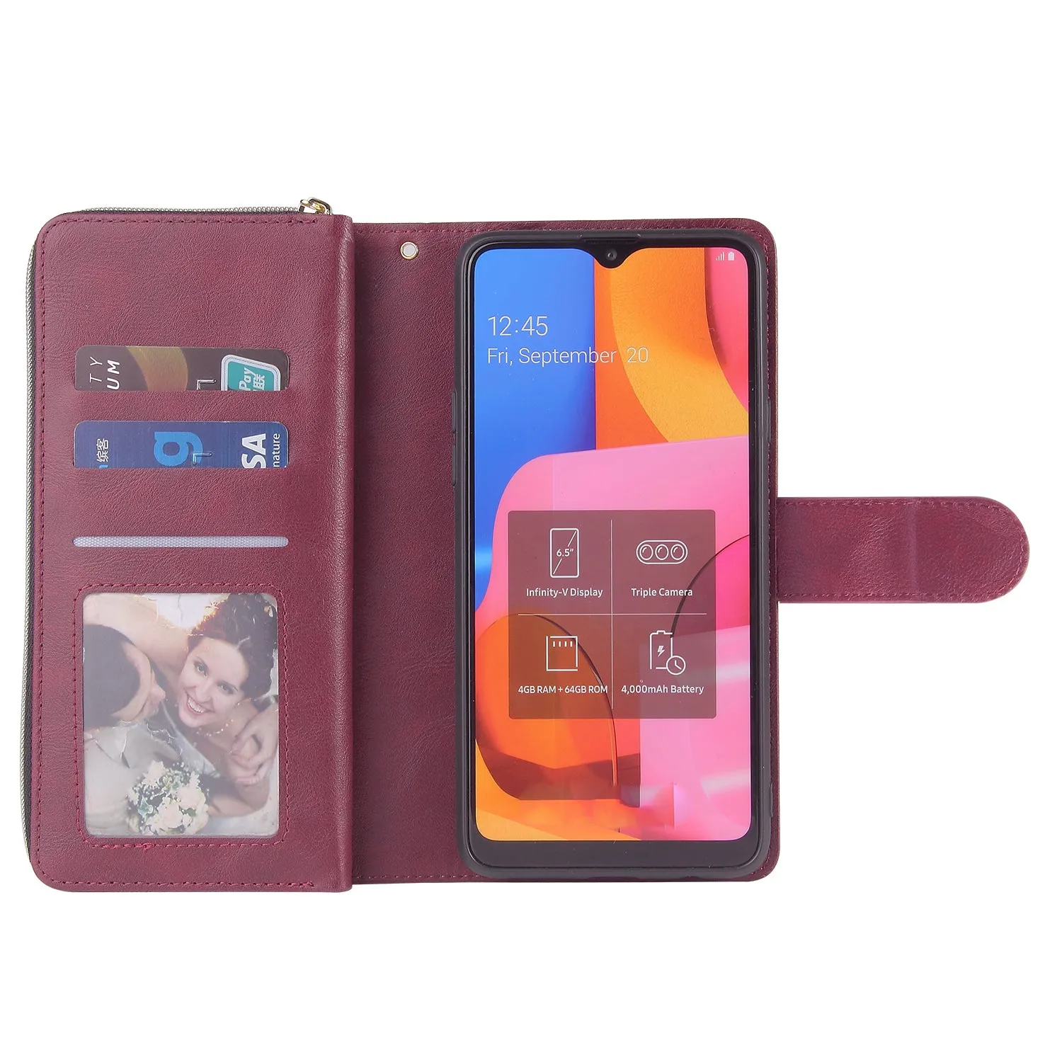 For Samsung A10/A20/A30/A50/A30S/A50S Pu Leather  Mobile Phone Cover Zipper Card Bag   Wrist Strap Red wine