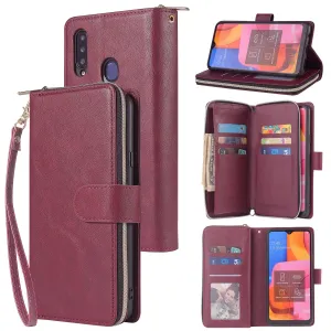 For Samsung A10/A20/A30/A50/A30S/A50S Pu Leather  Mobile Phone Cover Zipper Card Bag   Wrist Strap Red wine