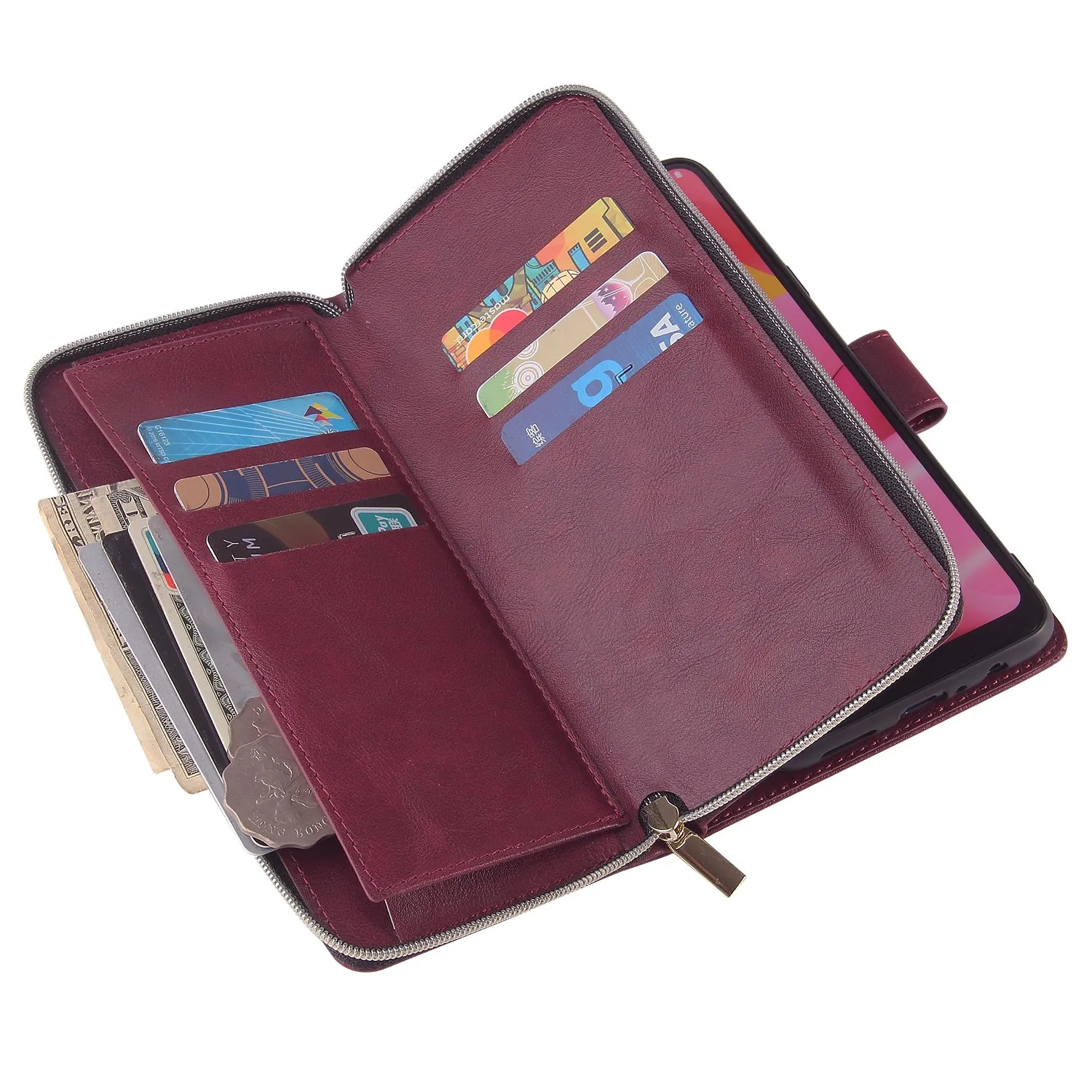 For Samsung A10/A20/A30/A50/A30S/A50S Pu Leather  Mobile Phone Cover Zipper Card Bag   Wrist Strap Red wine