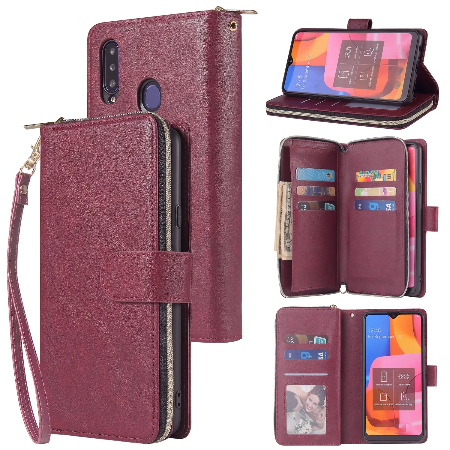 For Samsung A10/A20/A30/A50/A30S/A50S Pu Leather  Mobile Phone Cover Zipper Card Bag   Wrist Strap Red wine