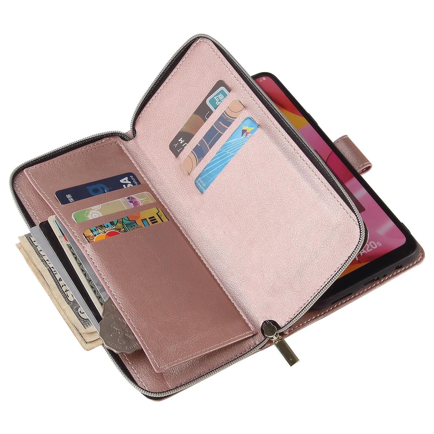 For Samsung A10/A20/A30/A50/A30S/A50S Pu Leather  Mobile Phone Cover Zipper Card Bag   Wrist Strap Rose gold