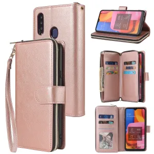 For Samsung A10/A20/A30/A50/A30S/A50S Pu Leather  Mobile Phone Cover Zipper Card Bag   Wrist Strap Rose gold