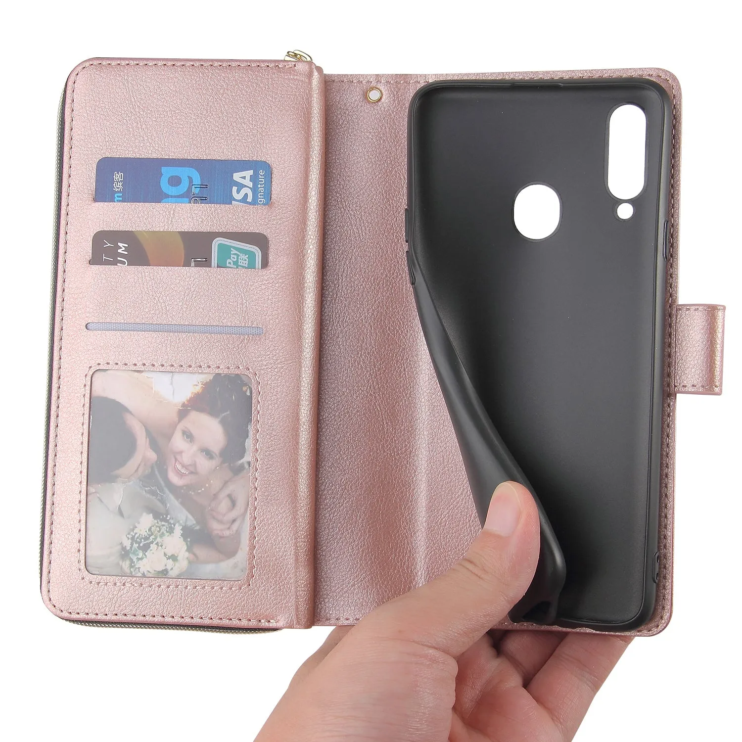 For Samsung A10/A20/A30/A50/A30S/A50S Pu Leather  Mobile Phone Cover Zipper Card Bag   Wrist Strap Rose gold